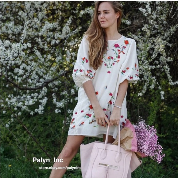 Zara Ecru Floral Embroidered Dress 